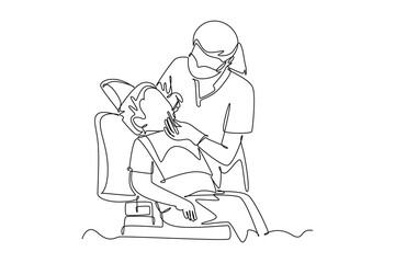 Single one line drawing of female dentist examining little boy patient condition at dental clinic. Medical health care service workers concept. Continuous line draw design graphic vector illustration