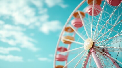 A vivid and colorful ferris wheel stands against a bright summer sky, evoking feelings of nostalgia and joy, with clouds enhancing the overall lively atmosphere.