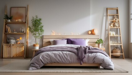 A serene Scandinavian bedroom featuring a wooden bed frame with luxurious purple bedding, a