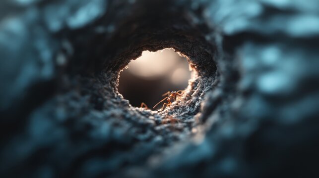 A realistic macro shot showcasing ants deep within a tunnel framed by contrasting bark textures, emphasizing the tiny but complex world of insect life in the woods.