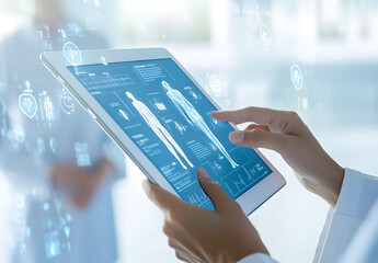 Doctor Analyzing Digital Medical Data and Human Anatomy on Tablet