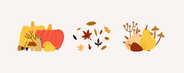 Composition with pumpkin, mushrooms and acorns. Autumn, the inscription hello autumn. Hand drawn vector illustration in flat style.