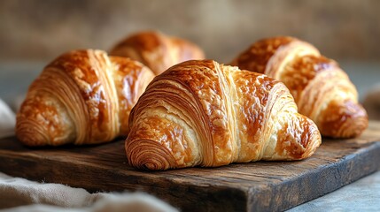 Fototapeta premium Freshly baked croissants with golden, flaky layers, placed on a rustic wooden board, soft natural light emphasizing texture, croissant, artisanal bakery treat