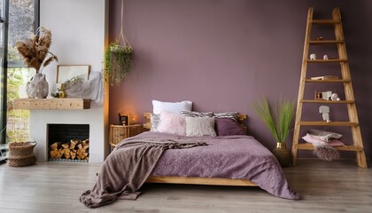  A stylish Scandinavian bedroom featuring a wooden bed with rich purple bedding, a rustic lad 