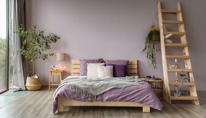 A stylish Scandinavian bedroom featuring a wooden bed with rich purple bedding, a rustic lad 