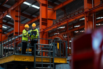Two men in yellow and green safety gear are standing on a platform in a factory. They are looking at a computer screen and discussing something