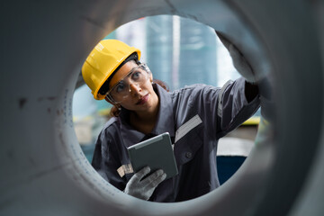 A woman wearing a yellow helmet and safety glasses is looking at a tablet. She is wearing a grey uniform and she is a worker