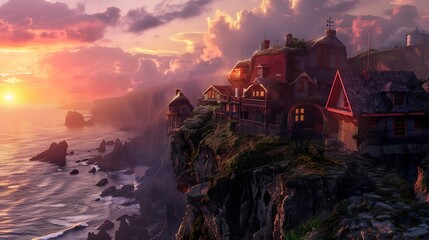 At the tip of a cliff amid a lovely sunset are old the gear and mud toy homes