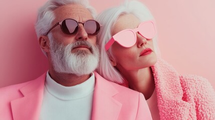 A stylish couple with a modern look, dressed in matching pink jackets and sunglasses, exudes confidence and charm against a pink backdrop. Ideal for fashion themes.