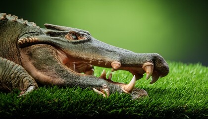 Obraz premium Focus on the sharp claws of a crocodile tearing through a grassy surface. The background is