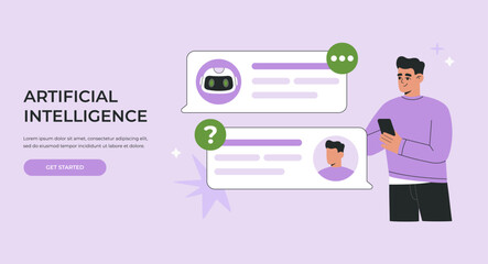 Artificial Intelligent chatbot concept, man and AI robot assistant chatting via phone, virtual dialog between android and human, asking business questions. Flat vector illustration for website, banner