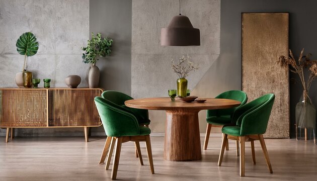 Simple yet elegant dining space with a round oak dining table, green velvet chairs, and a mi.