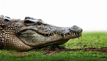 Obraz premium The full body of a crocodile pushing up through a thick grassy surface, with dirt and roots