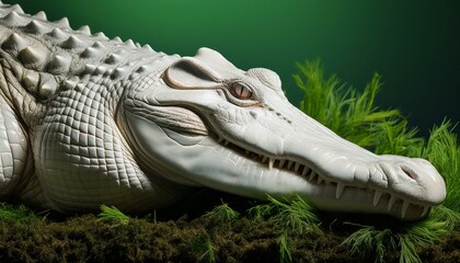 Obraz premium The full body of a crocodile pushing up through a thick grassy surface, with dirt and roots