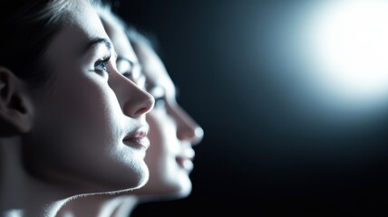 Obraz premium Two women's profiles illuminated by soft light create a striking contrast against a dark background, emphasizing beauty and contemplation.