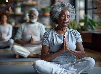 Senior African American couple meditating indoors