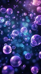 Blue background with purple bubbles, bubbles floating in the air, bubbles...