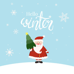 Greeting card with cute santa claus holding Christmas tree. Hand drawn Winter lettering, postcard for Christmas