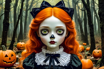 Happy Halloween, A spooky autumnal forest scene, large, expressive green eyes, orange hair and dark red lipstick