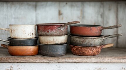 Fototapeta premium Several rustic and aged pots with unique textures and colors are stacked neatly on a wooden kitchen shelf, signifying simplicity and historic culinary charm.