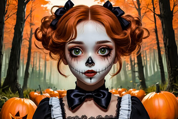 Happy Halloween, A spooky autumnal forest scene, large, expressive green eyes, orange hair and dark red lipstick