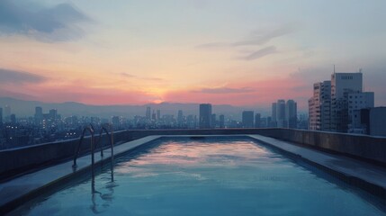 Fototapeta premium A rooftop infinity pool overlooking a cityscape at sunset.