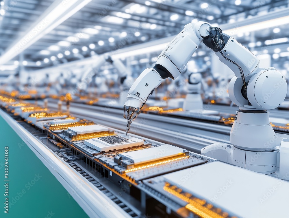 Poster automated robotic arm assembling products on a conveyor belt in a modern factory environment.