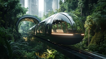A sleek, futuristic train travels through a dense tropical forest, blending advanced transportation with natural surroundings and urban structures in the distance.