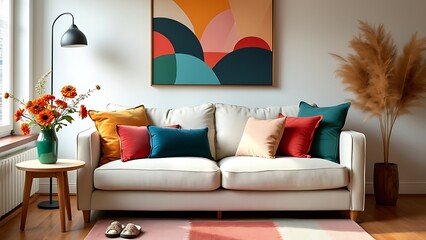 Stylish sofa setup with bold cushions and fresh flowers, creating a cheerful and inviting atmosphere. Mock up poster frame.