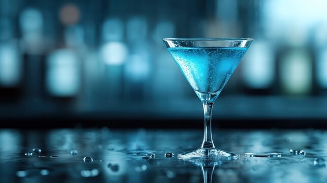 A vibrant blue cocktail sits elegantly in a stylish glass on a bar, with perfect lighting and depth of field creating an inviting and sophisticated atmosphere.