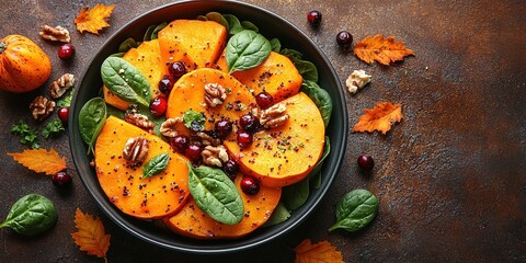 Roasted pumpkin salad with spinach and walnut on a black plate on a old wooden background. Top view