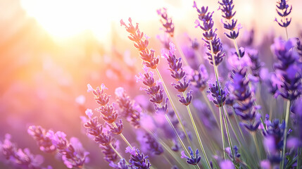 Close up lavender flowers in beautiful field at sunset. Lavender Fields. Illustration