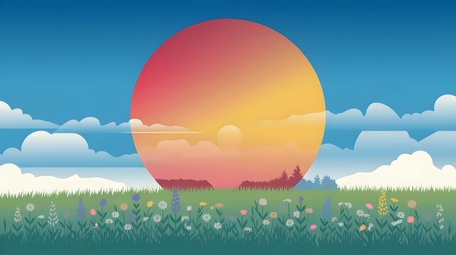 Artistic illustration of five-color gradient with red, yellow, blue sky, and sunset