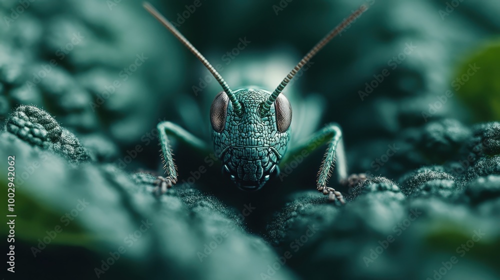 Poster a detailed macro shot of a grasshopper on textured foliage, focusing on its distinctive features and
