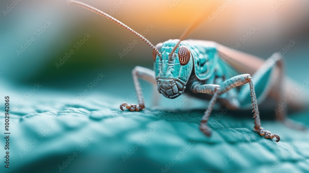 Aufkleber macro view of a blue grasshopper resting on a textured leaf surface, showcasing its delicate feature