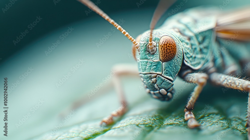 Aufkleber a macro image capturing a green and blue grasshopper on a leaf, featuring vivid detail and texture, 