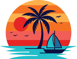 Tropical Island Sunset with Palm Trees, Sailboat, and 'Happy Summer' Text