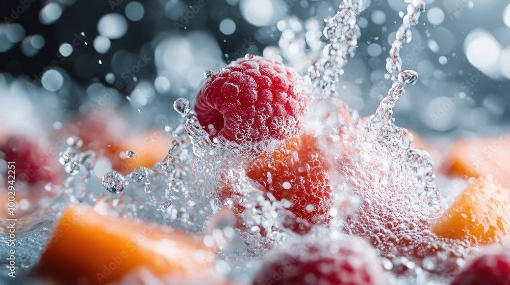 Aufkleber a focused capture of a raspberry and melon pieces shows them impacting water, creating a refreshing 