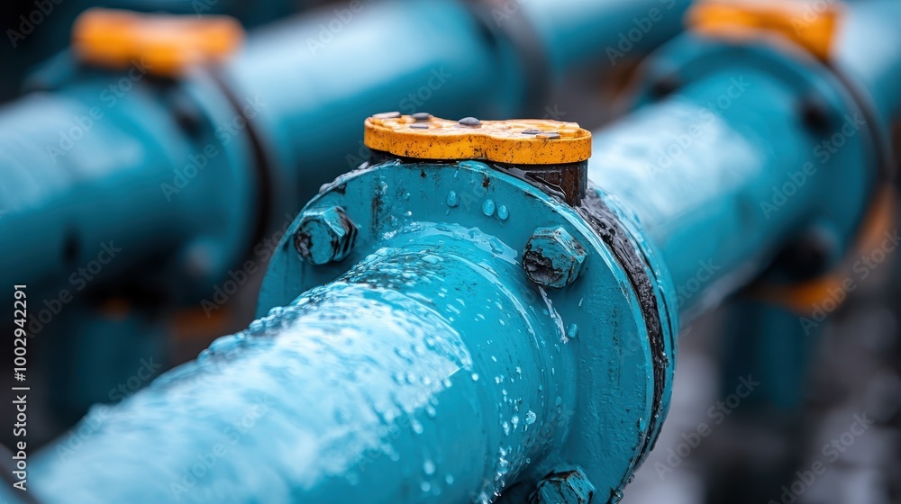 Poster this close-up image captures the intricate design of an industrial blue water pipeline, emphasizing 
