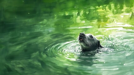 Obraz premium Joyful Dog Swimming in Tranquil Watercolor Scene