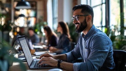 Fototapeta premium Man Working on Laptop in Modern Office Space