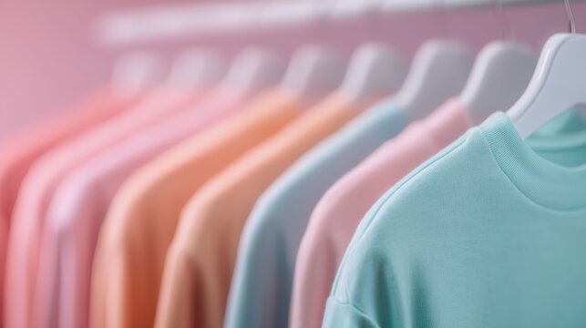 A row of pastel-colored shirts, including shades like mint, peach, and pink, are neatly hung on white hangers, reflecting style, order, and casual fashion.