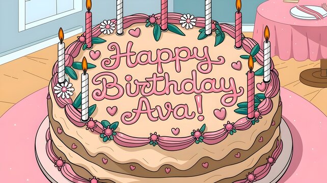 Colorful birthday cake with flowers and "Happy Birthday Ava!"