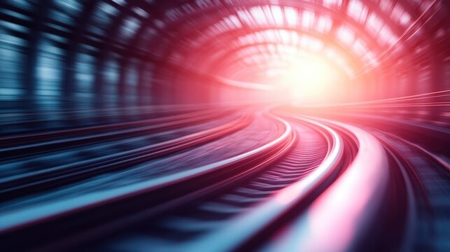 Blurred tracks stretch under a tunnel, leading to a sunlit exit, symbolizing the speed of modern life and the journey toward clarity and purpose.