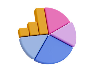 3D illustration of a colorful pie chart and bar graph, symbolizing data analytics, statistics, and business performance.