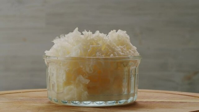 Tremella fermented salted Jamur salju or snow fungus, white colored fungi for food and medicine, popular in China and also Chinese cuisine. 