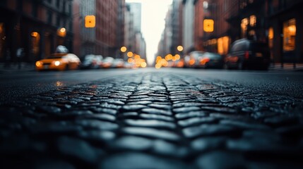 A low-angle view of a cobblestone street with blurred city lights and a yellow taxi, capturing an...