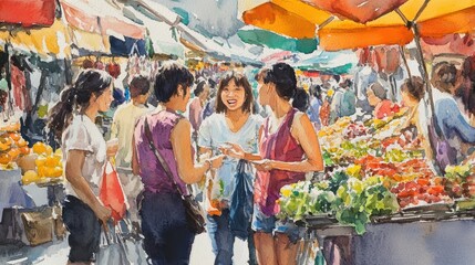 Naklejka premium Friends Engaging in Excited Conversation at Market