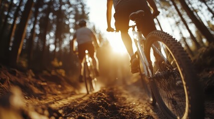 Naklejka premium Cyclists venture through a sunlit forest path, capturing the essence of early morning adventure and the exhilaration of biking in nature's embrace.