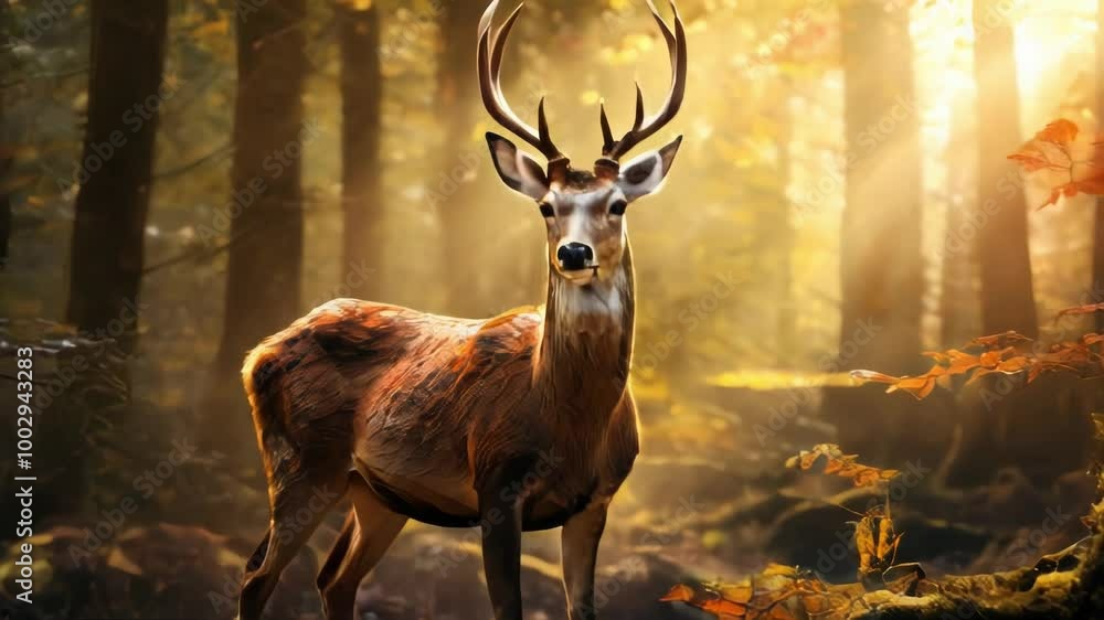 Poster a lone deer standing in a tranquil forest setting with sunlight filtering through the trees.. ai gen